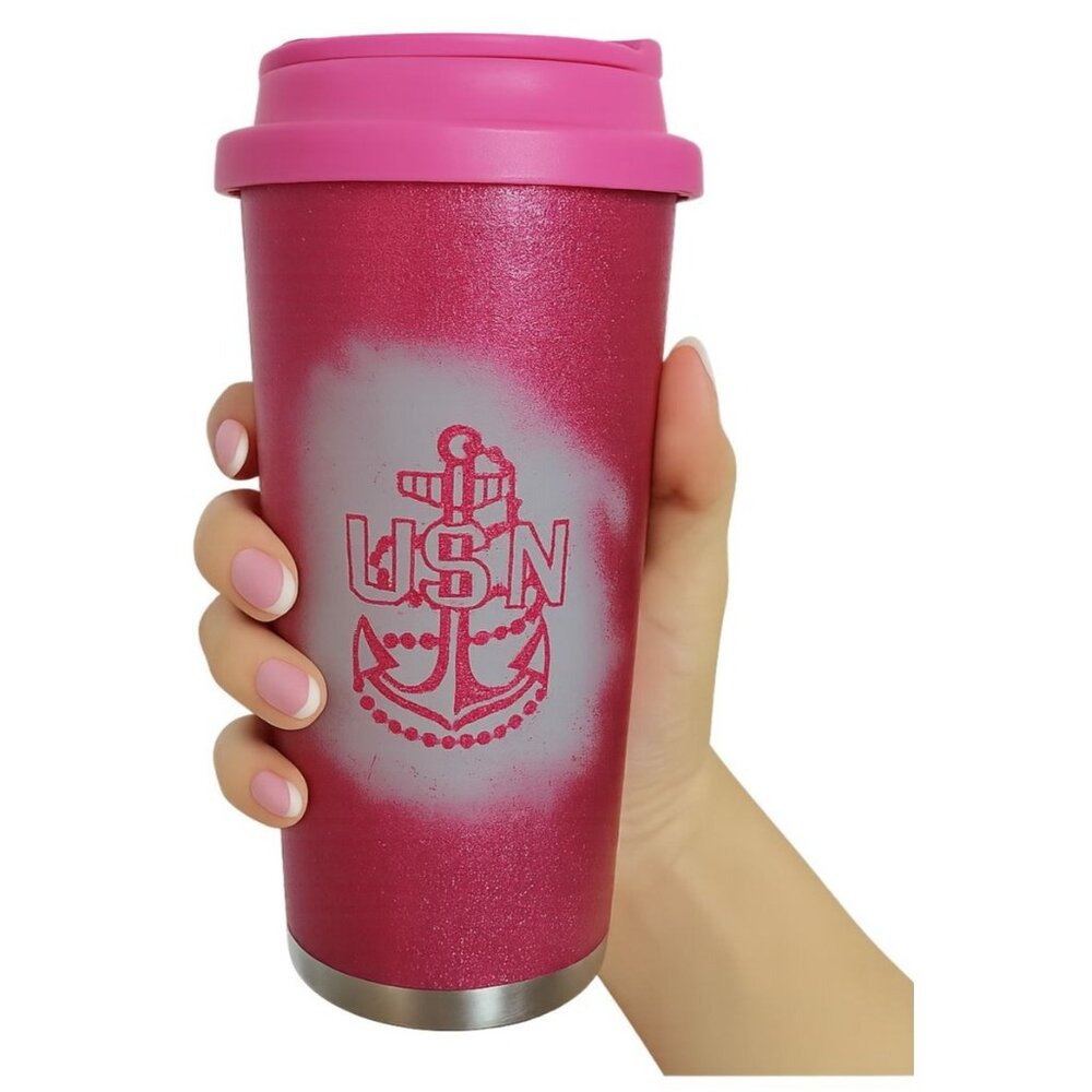 UNITED STATES NAVY 7-Eleven Pink Glitter Travel Mug Cup 16 Oz Hot Coffee Tea
